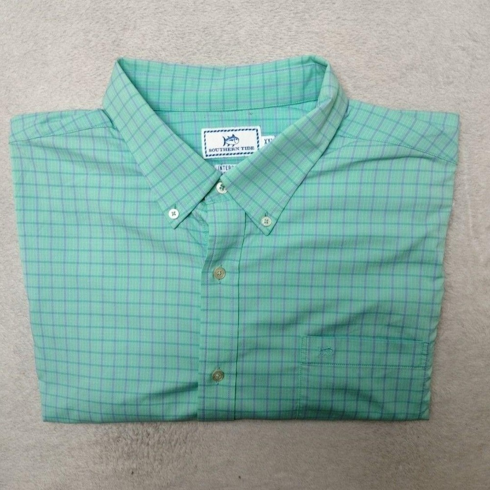 Southern Tide Shirt Mens 2XL‎ Green Check Button-Up Intercoastal Nylon Spandex